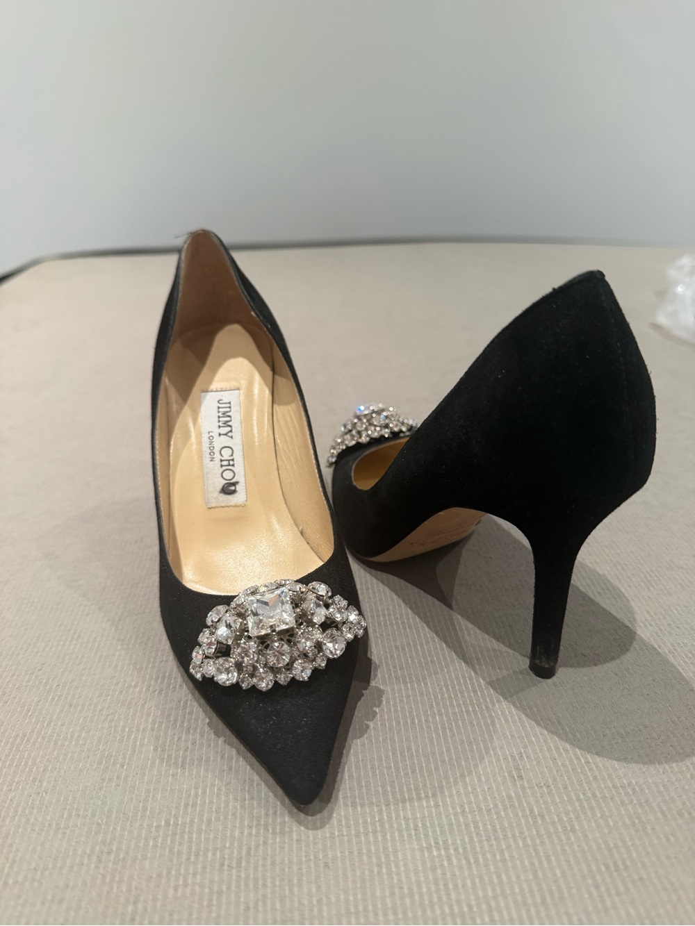 Jimmy Choo Black Suede Crystal-Embellished Pointed Pumps